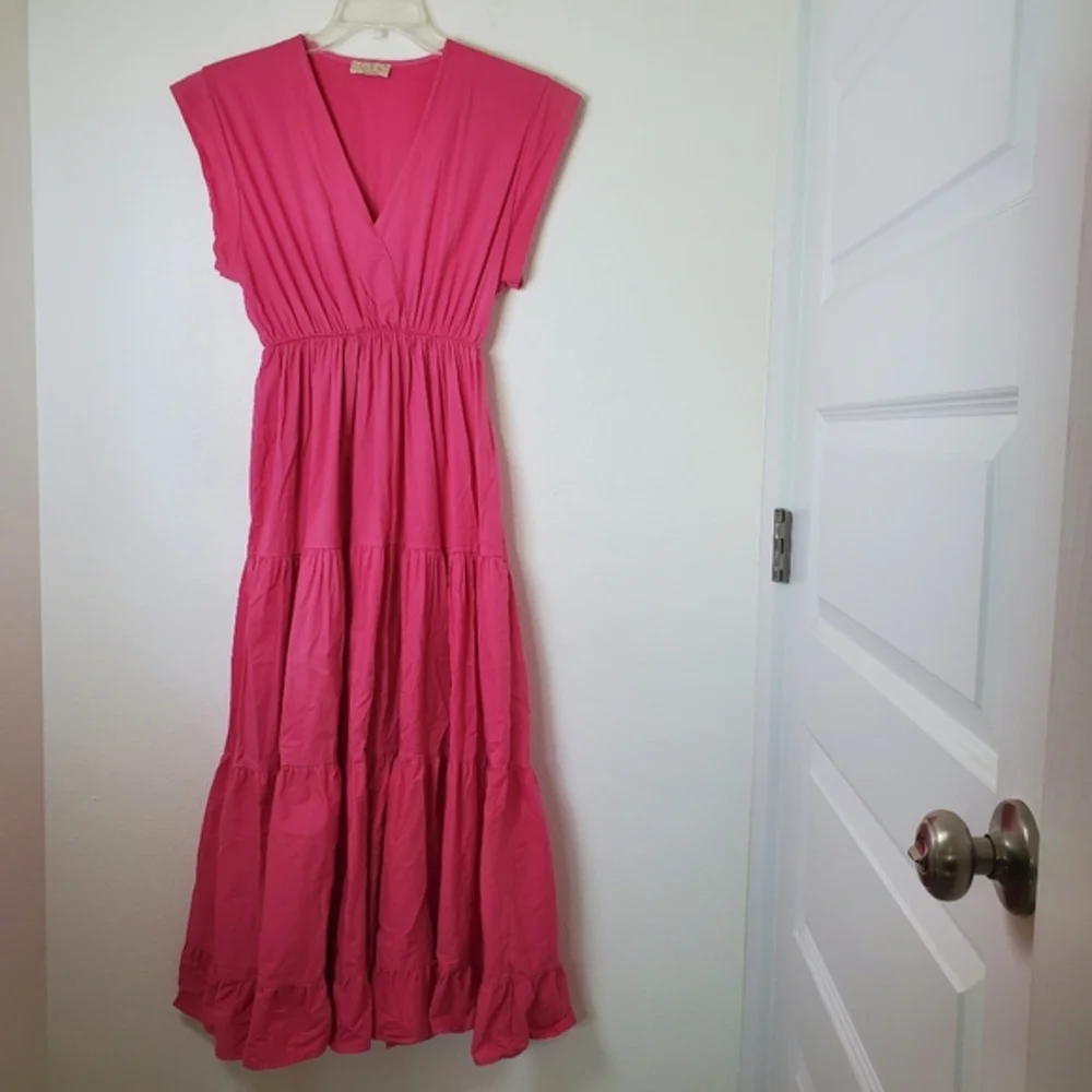 Sofia Women's‎ Pink Tahoe Dress - Cotton Surplice Tiered Maxi Midi Made In Italy